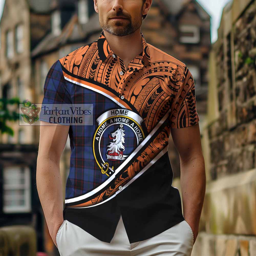 Tartan Vibes Clothing Home (Hume) Crest Tartan Short Sleeve Button Shirt with Maori Tattoo Style - Orange Version