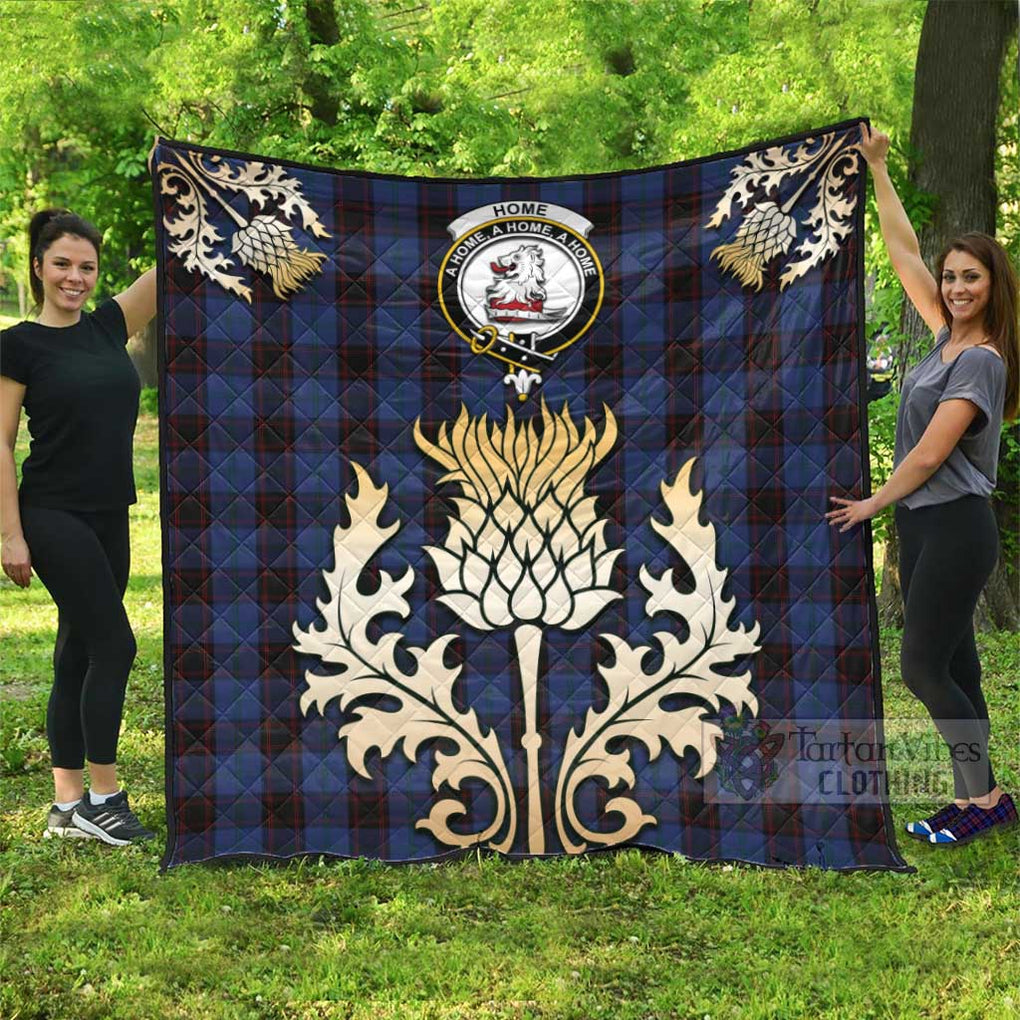 Tartan Vibes Clothing Home (Hume) Tartan Quilt with Family Crest and Golden Thistle Style