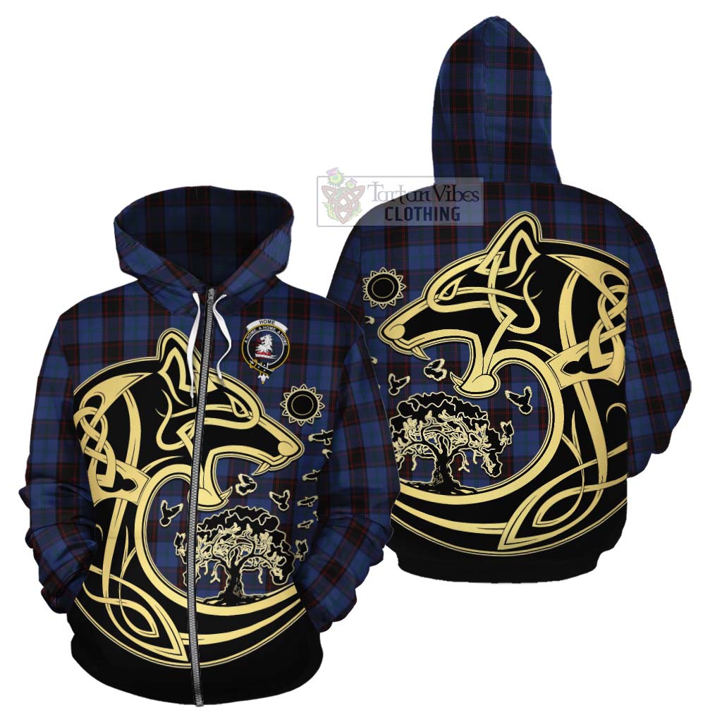 Tartan Vibes Clothing Home (Hume) Tartan Cotton Hoodie with Family Crest Celtic Wolf Style