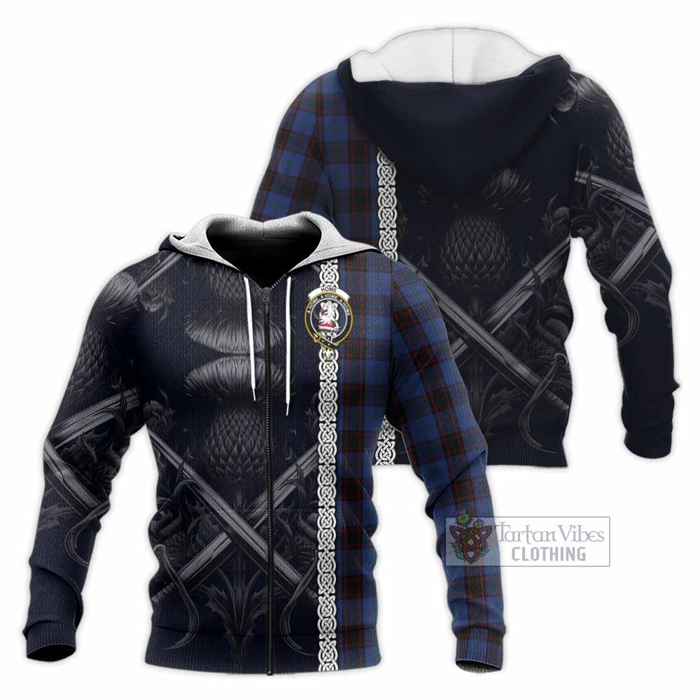 Tartan Vibes Clothing Home (Hume) Tartan Knitted Hoodie with Family Crest Cross Sword Thistle Celtic Vibes