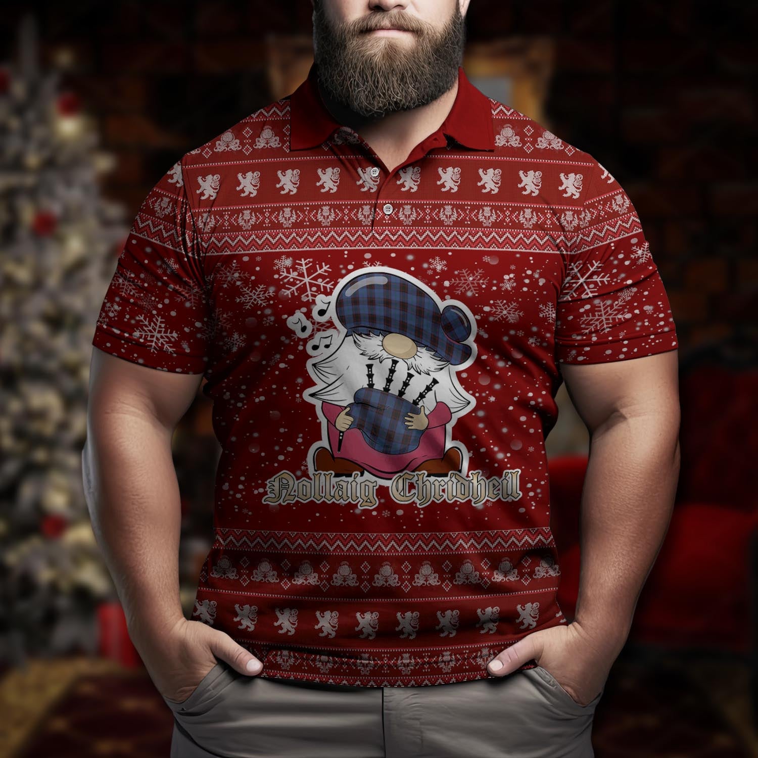 Home (Hume) Clan Christmas Family Polo Shirt with Funny Gnome Playing Bagpipes Men's Polo Shirt Red - Tartanvibesclothing