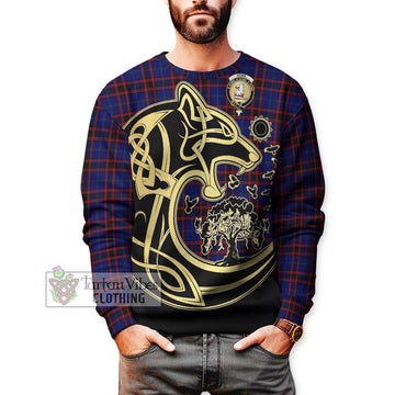 Home Modern Tartan Sweatshirt with Family Crest Celtic Wolf Style