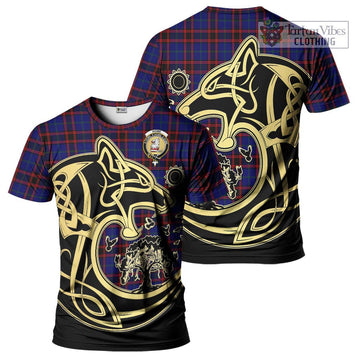 Home Modern Tartan T-Shirt with Family Crest Celtic Wolf Style