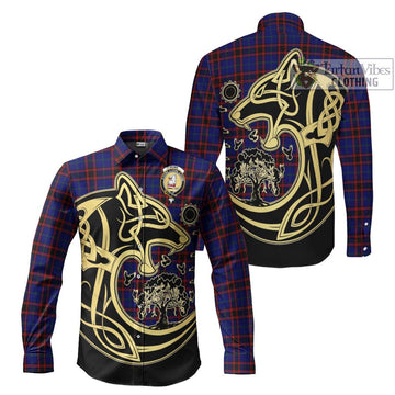 Home Modern Tartan Long Sleeve Button Shirt with Family Crest Celtic Wolf Style