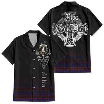 Home Modern Tartan Short Sleeve Button Up Shirt Featuring Alba Gu Brath Family Crest Celtic Inspired