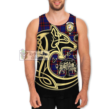 Home Modern Tartan Men's Tank Top with Family Crest Celtic Wolf Style