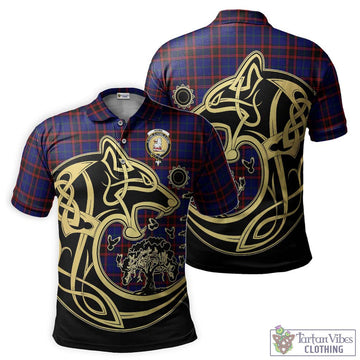 Home Modern Tartan Polo Shirt with Family Crest Celtic Wolf Style