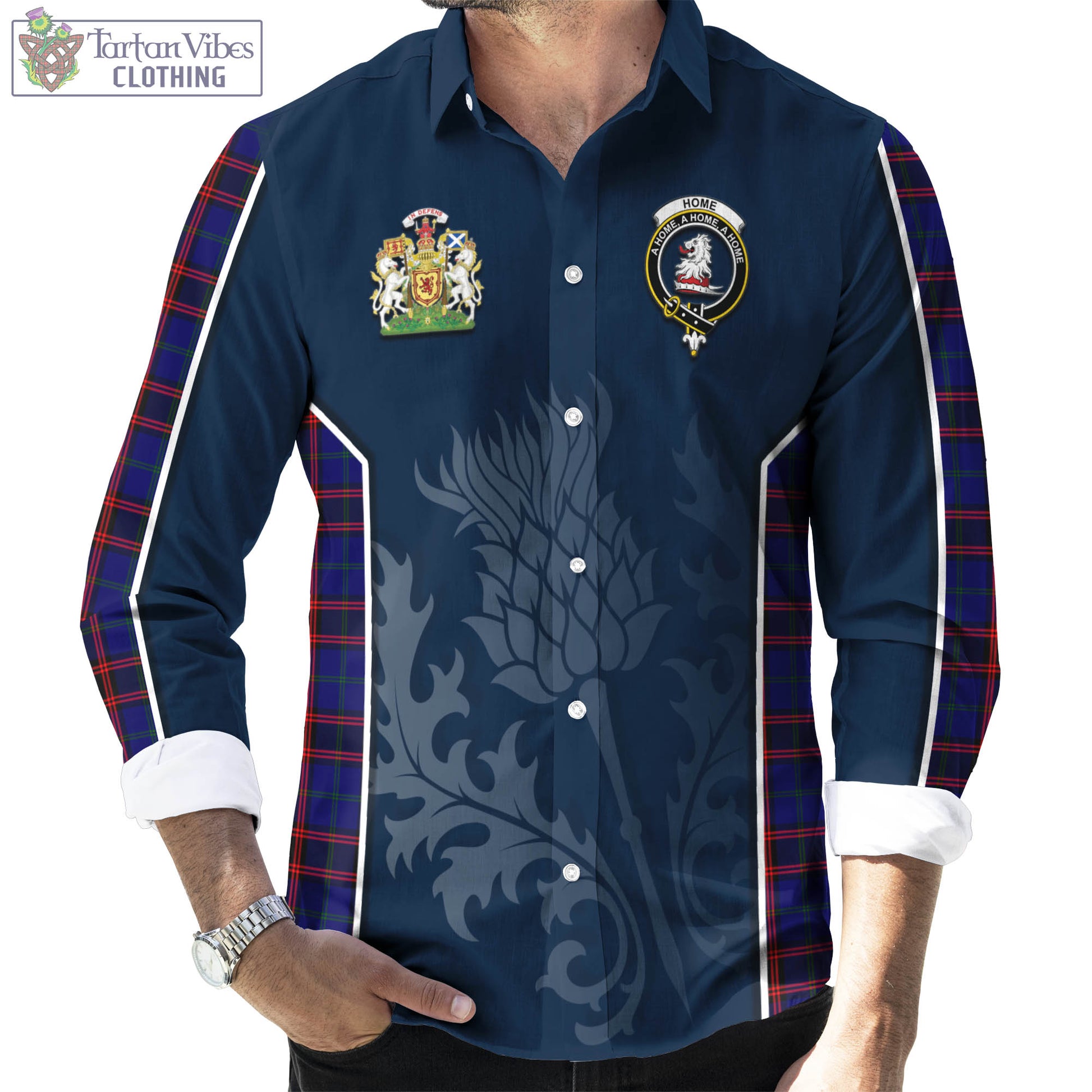 Tartan Vibes Clothing Home Modern Tartan Long Sleeve Button Up Shirt with Family Crest and Scottish Thistle Vibes Sport Style