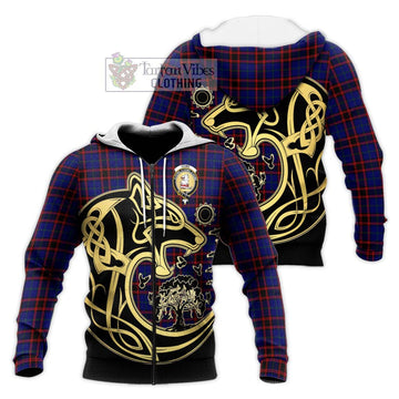 Home Modern Tartan Knitted Hoodie with Family Crest Celtic Wolf Style