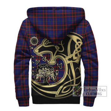 Home Modern Tartan Sherpa Hoodie with Family Crest Celtic Wolf Style