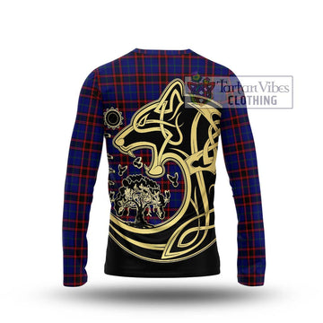 Home Modern Tartan Long Sleeve T-Shirt with Family Crest Celtic Wolf Style