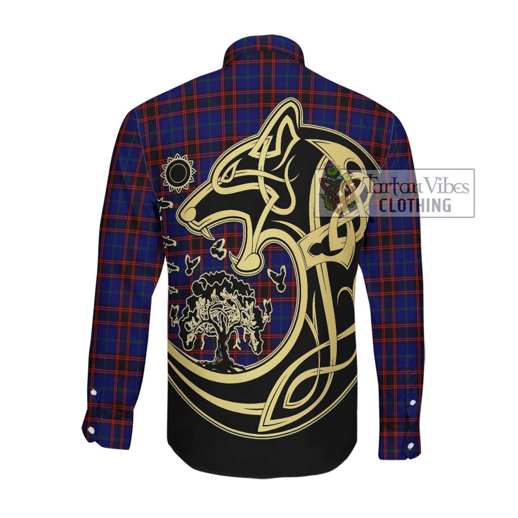 Home Modern Tartan Long Sleeve Button Shirt with Family Crest Celtic Wolf Style Men's Shirt - Tartan Vibes Clothing