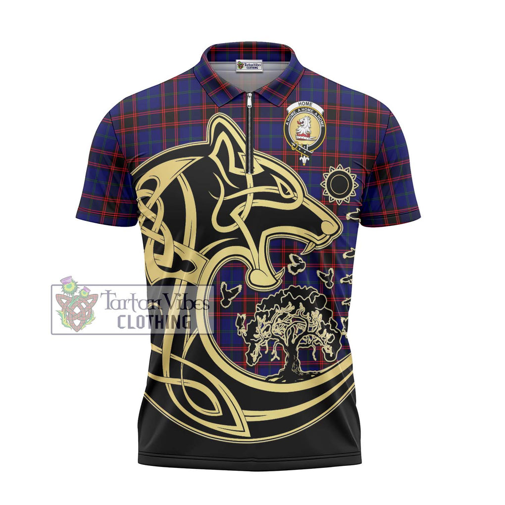 Home Modern Tartan Zipper Polo Shirt with Family Crest Celtic Wolf Style - Tartanvibesclothing Shop