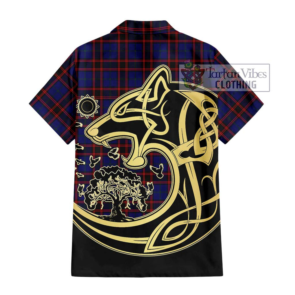 Home Modern Tartan Short Sleeve Button Shirt with Family Crest Celtic Wolf Style - Tartan Vibes Clothing