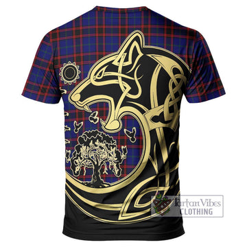 Home Modern Tartan T-Shirt with Family Crest Celtic Wolf Style