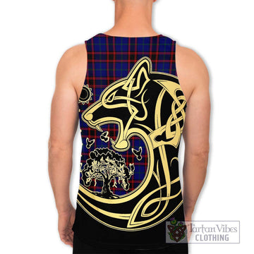 Home Modern Tartan Men's Tank Top with Family Crest Celtic Wolf Style