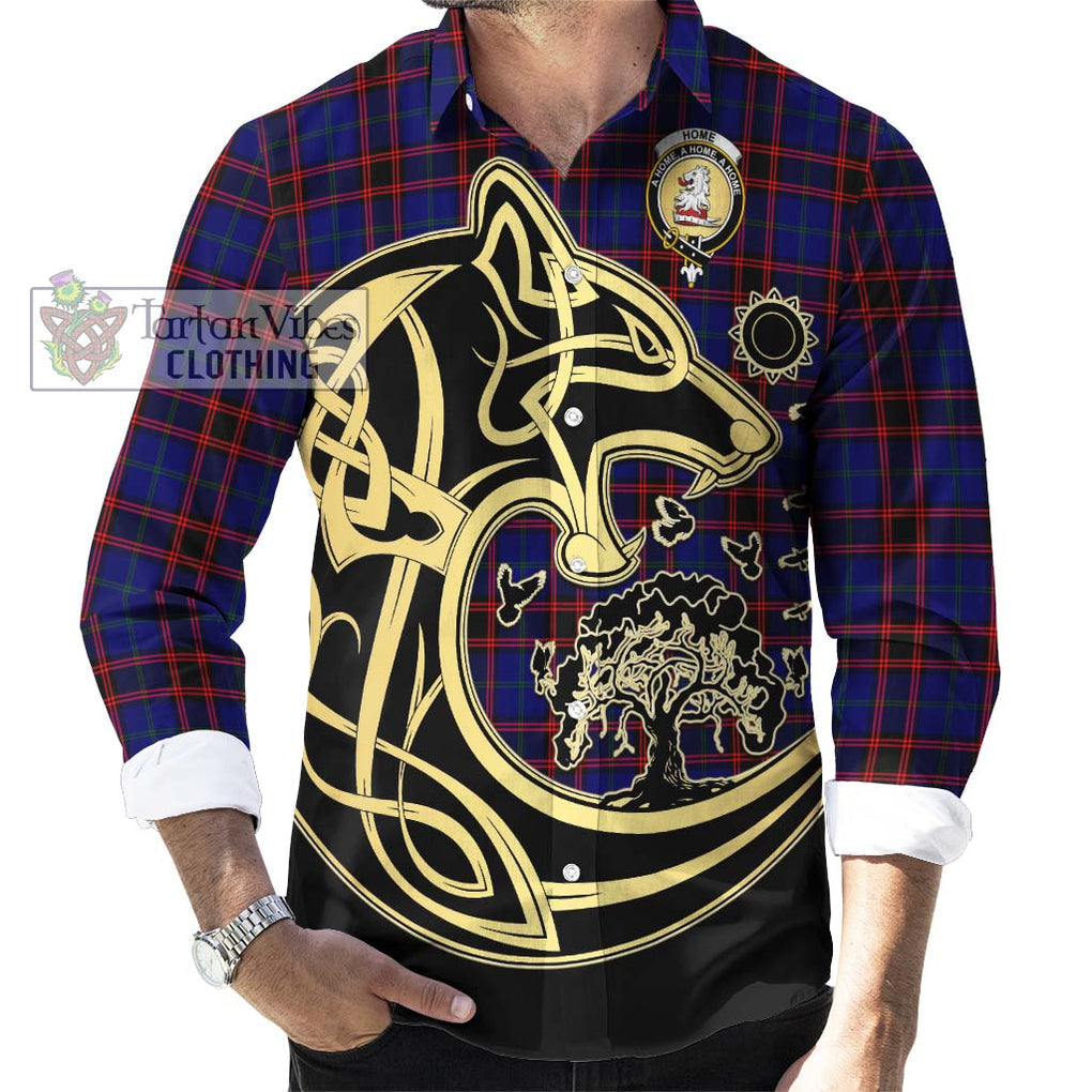 Home Modern Tartan Long Sleeve Button Shirt with Family Crest Celtic Wolf Style - Tartan Vibes Clothing