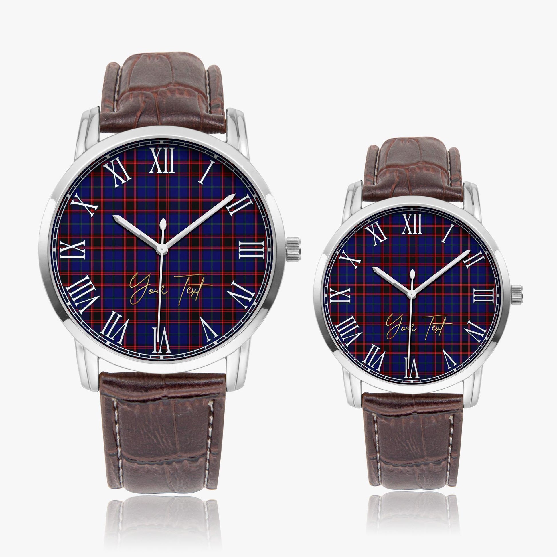 Home Modern Tartan Personalized Your Text Leather Trap Quartz Watch Wide Type Silver Case With Brown Leather Strap - Tartanvibesclothing