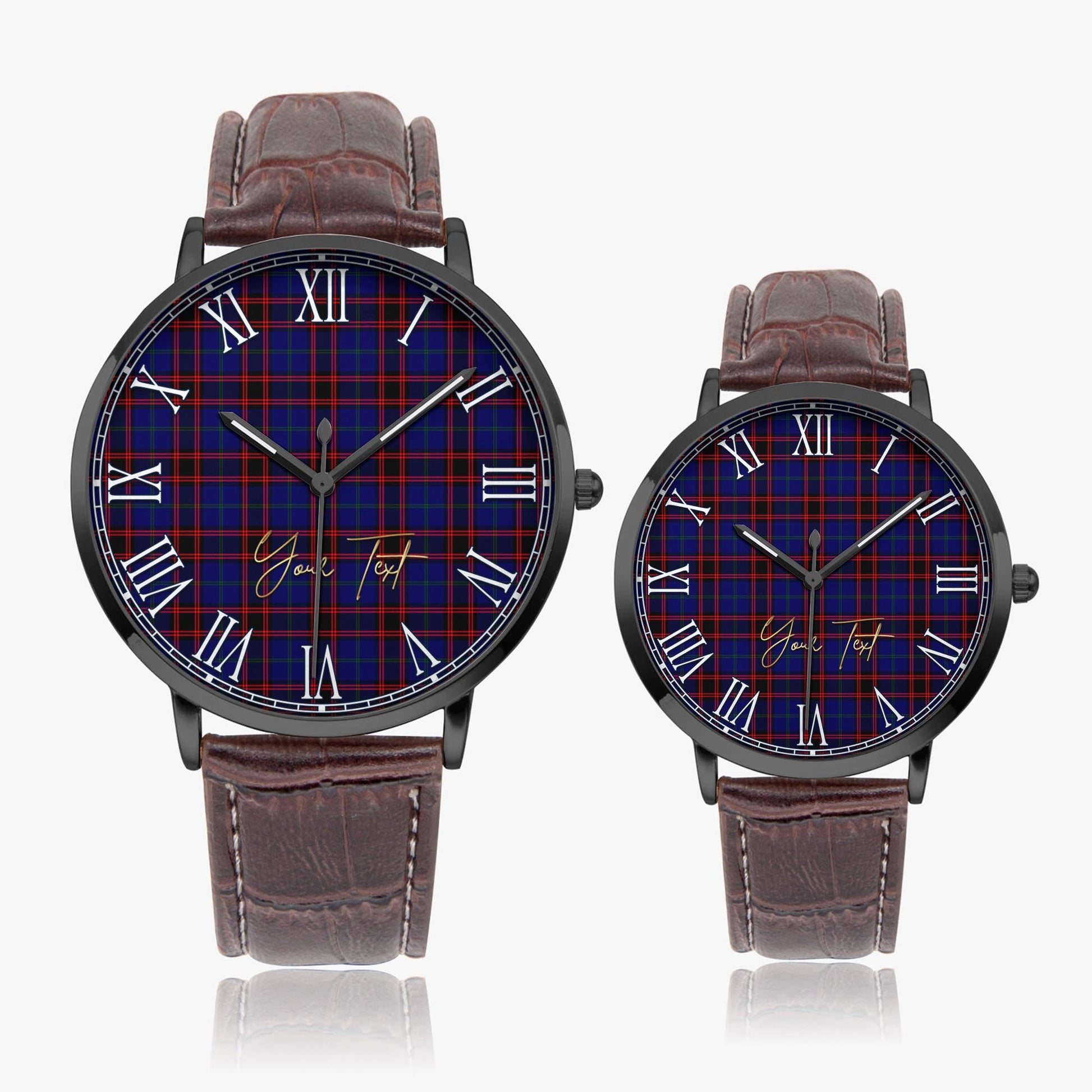 Home Modern Tartan Personalized Your Text Leather Trap Quartz Watch Ultra Thin Black Case With Brown Leather Strap - Tartanvibesclothing