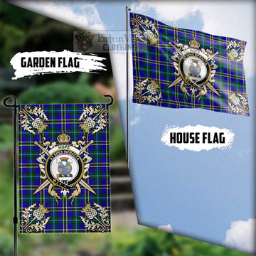 Hope Tartan Flag with Family Crest and Golden Thistle Crossed Sword Design