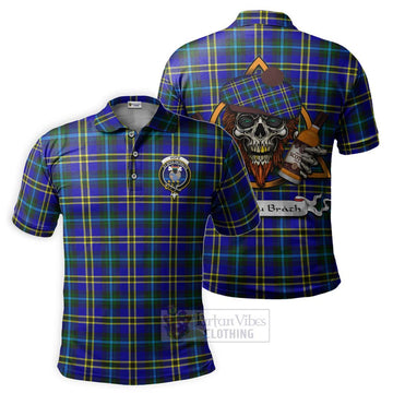 Hope Tartan Polo Shirt with Family Crest and Bearded Skull Holding Bottles of Whiskey