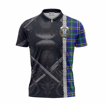 Hope Tartan Zipper Polo Shirt with Family Crest Cross Sword Thistle Celtic Vibes