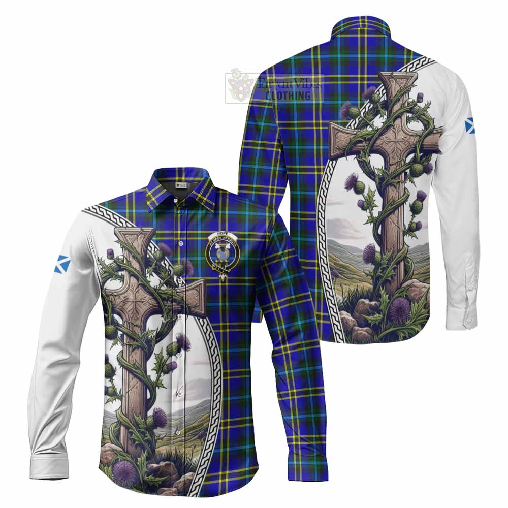 Tartan Vibes Clothing Hope Tartan Long Sleeve Button Shirt with Family Crest and St. Andrew's Cross Accented by Thistle Vines