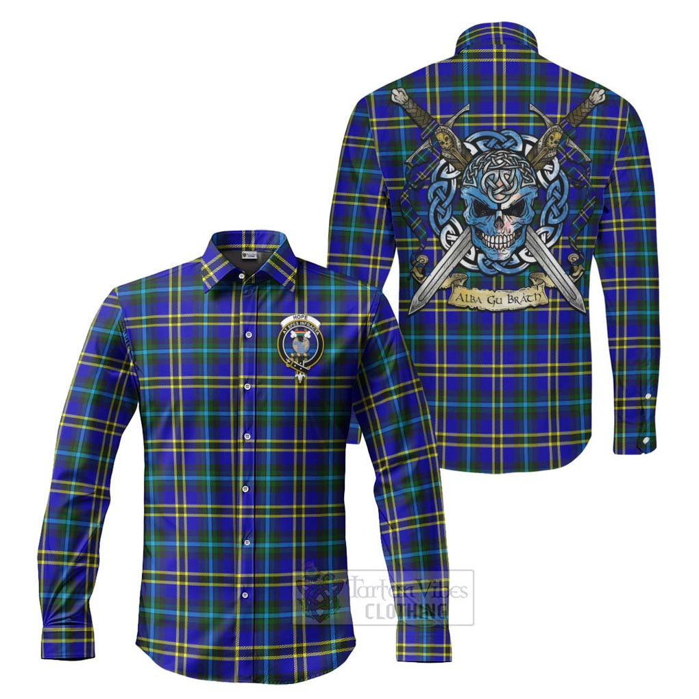 Tartan Vibes Clothing Hope Tartan Long Sleeve Button Shirt with Family Crest Celtic Skull Style