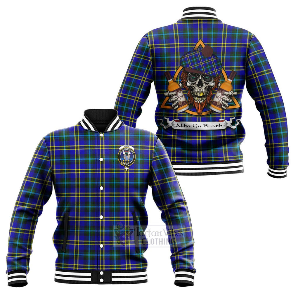 Tartan Vibes Clothing Hope Tartan Baseball Jacket with Family Crest and Bearded Skull Holding Bottles of Whiskey