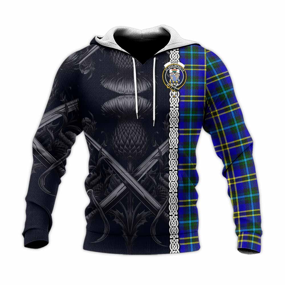 Tartan Vibes Clothing Hope Tartan Knitted Hoodie with Family Crest Cross Sword Thistle Celtic Vibes