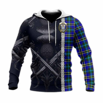 Hope Tartan Knitted Hoodie with Family Crest Cross Sword Thistle Celtic Vibes