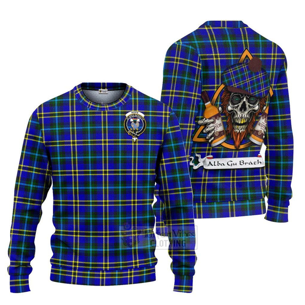 Tartan Vibes Clothing Hope Tartan Knitted Sweater with Family Crest and Bearded Skull Holding Bottles of Whiskey