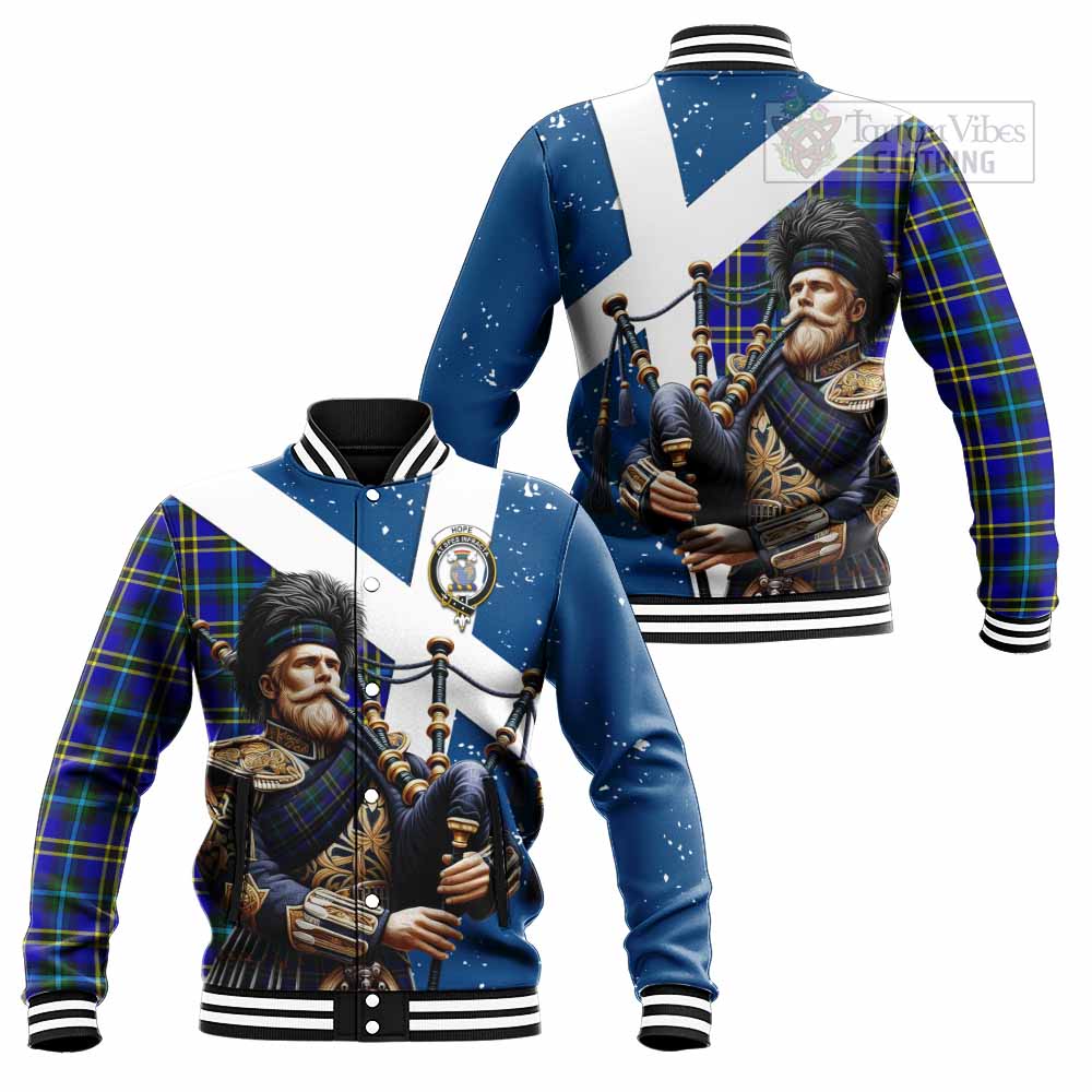 Tartan Vibes Clothing Hope Tartan Baseball Jacket with Family Crest Scottish Bagpiper Vibes