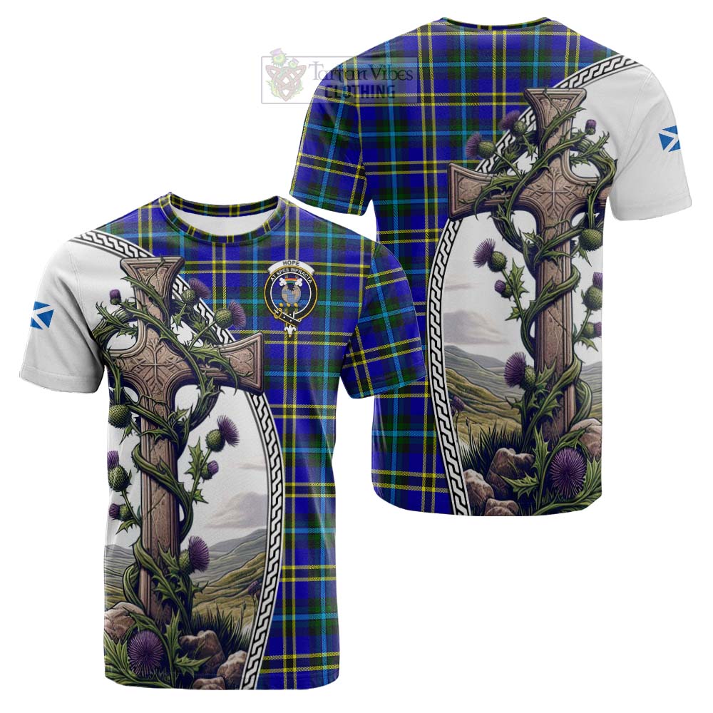 Tartan Vibes Clothing Hope Tartan Cotton T-shirt with Family Crest and St. Andrew's Cross Accented by Thistle Vines