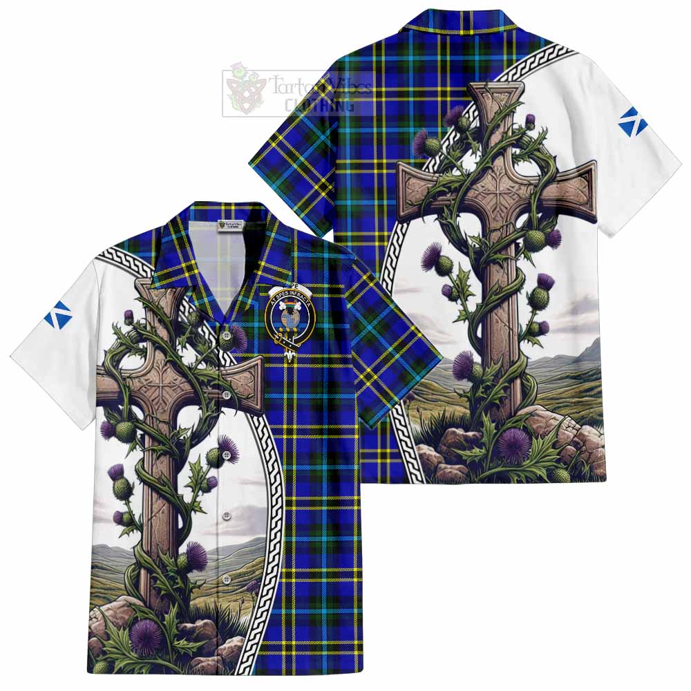 Tartan Vibes Clothing Hope Tartan Short Sleeve Button Shirt with Family Crest and St. Andrew's Cross Accented by Thistle Vines