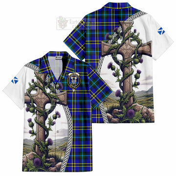 Hope Tartan Short Sleeve Button Shirt with Family Crest and St. Andrew's Cross Accented by Thistle Vines