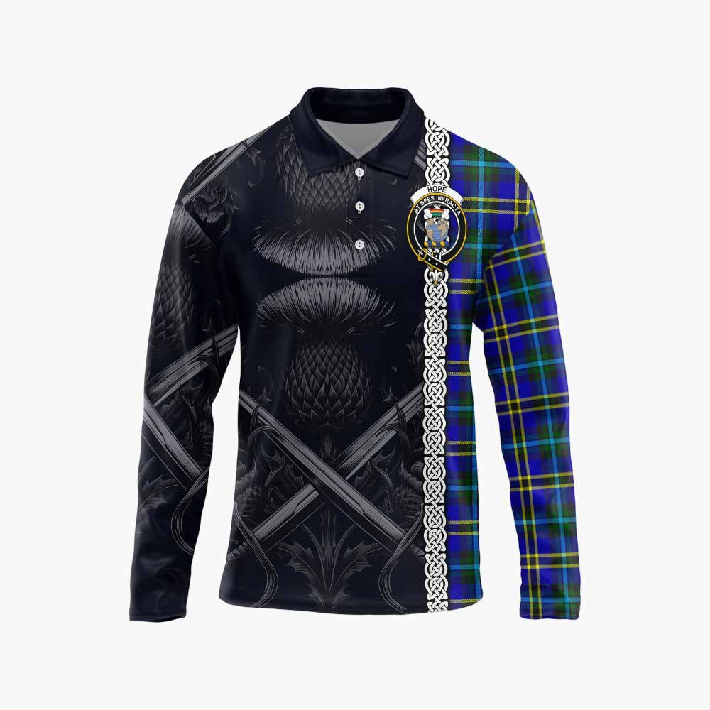 Tartan Vibes Clothing Hope Tartan Long Sleeve Polo Shirt with Family Crest Cross Sword Thistle Celtic Vibes