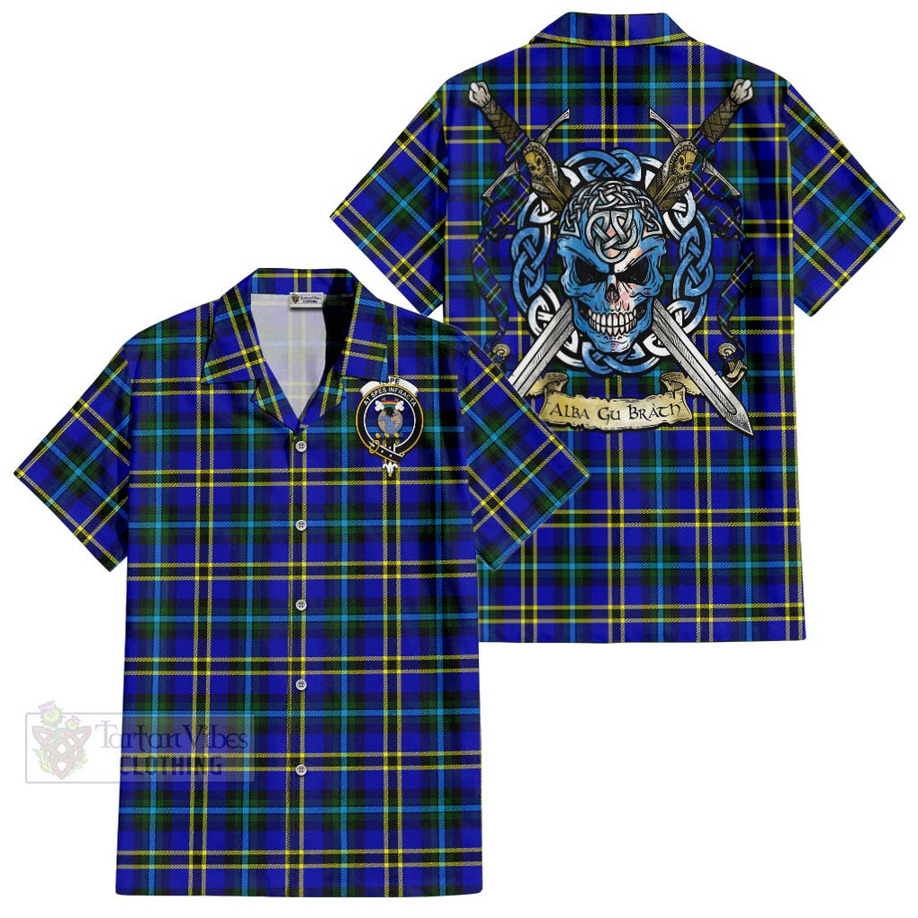 Tartan Vibes Clothing Hope Tartan Short Sleeve Button Shirt with Family Crest Celtic Skull Style