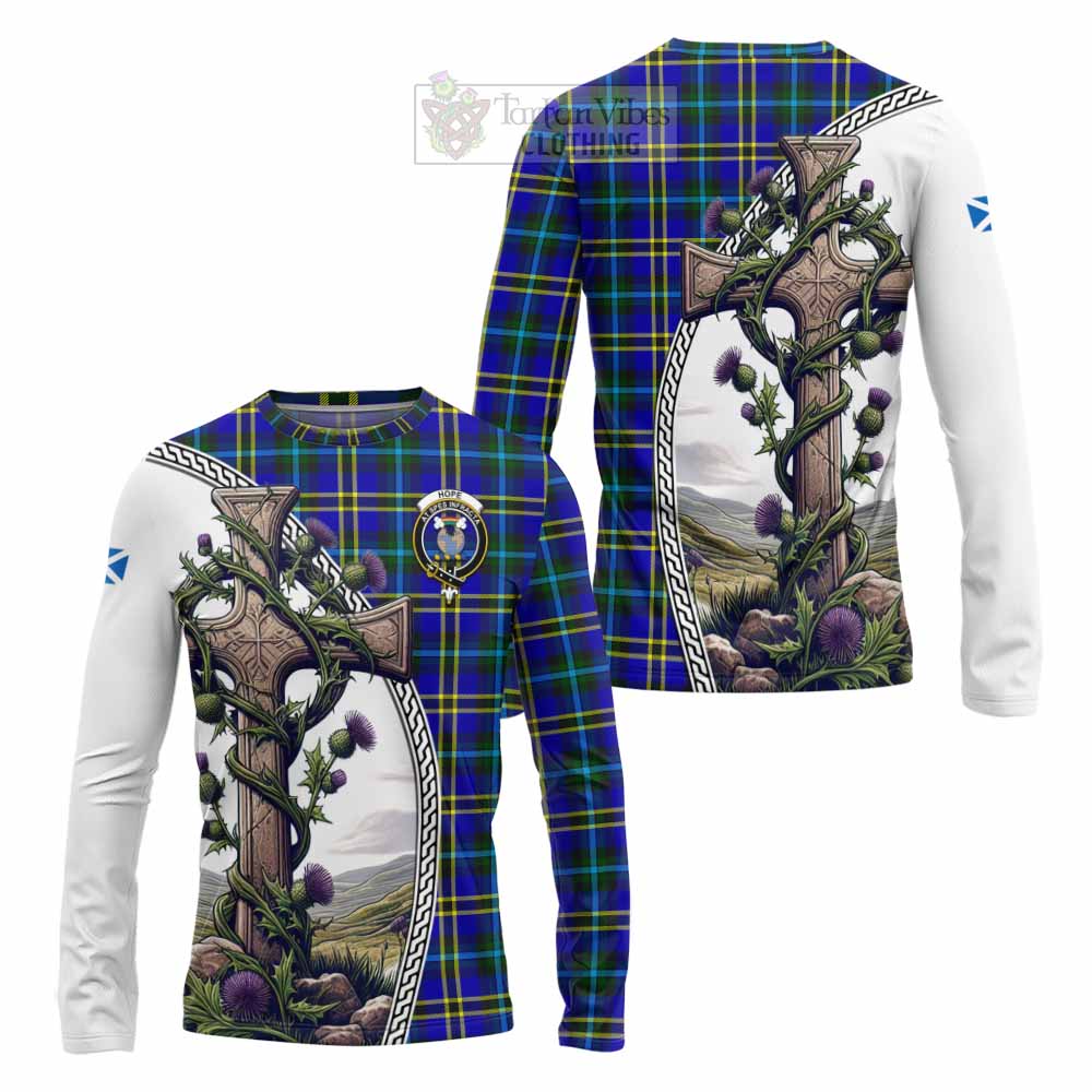 Tartan Vibes Clothing Hope Tartan Long Sleeve T-Shirt with Family Crest and St. Andrew's Cross Accented by Thistle Vines