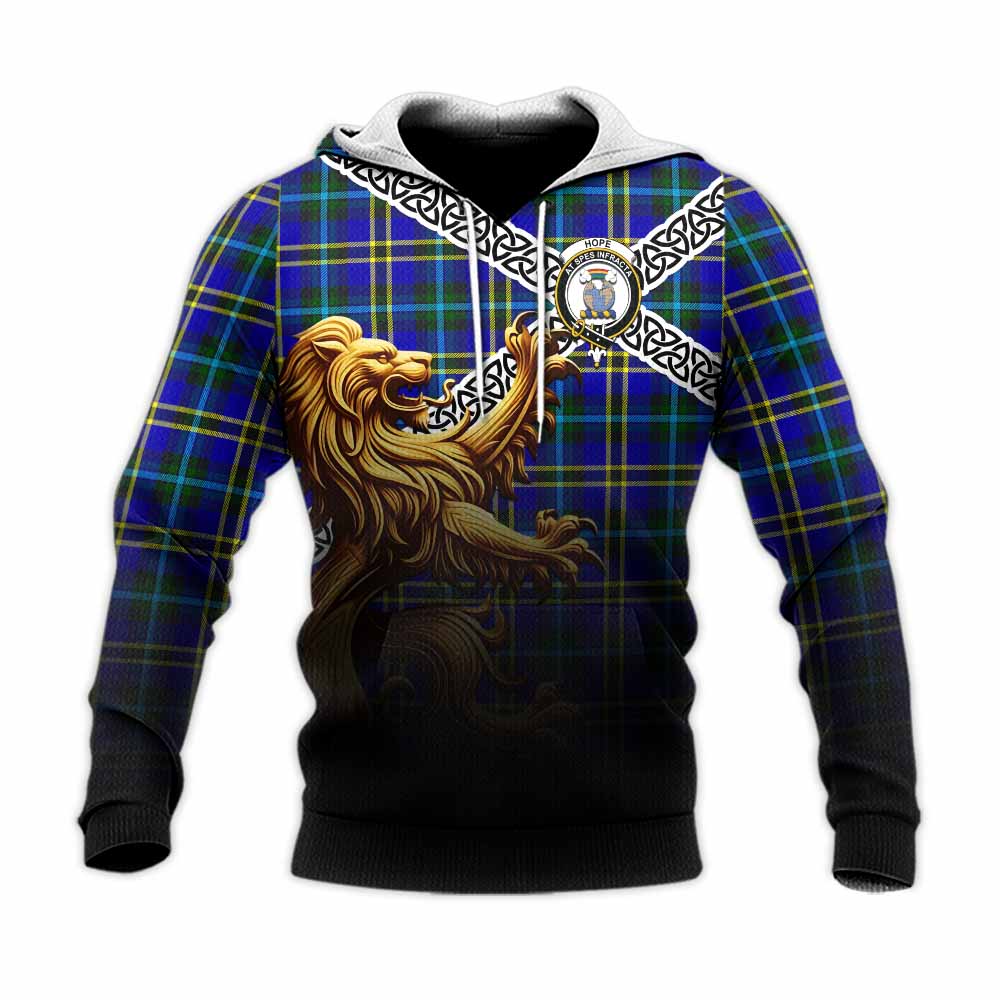 Hope Crest Tartan Knitted Hoodie with Golden Lion Emblem Celtic Style Unisex Knitted Pullover Hoodie - Tartan Vibes Clothing