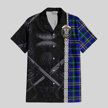 Hope Tartan Short Sleeve Button Shirt with Family Crest Cross Sword Thistle Celtic Vibes