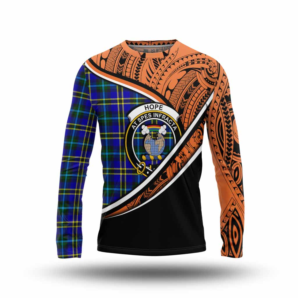 Tartan Vibes Clothing Hope Crest Tartan Long Sleeve T-Shirt with Maori Tattoo Style - Orange Version