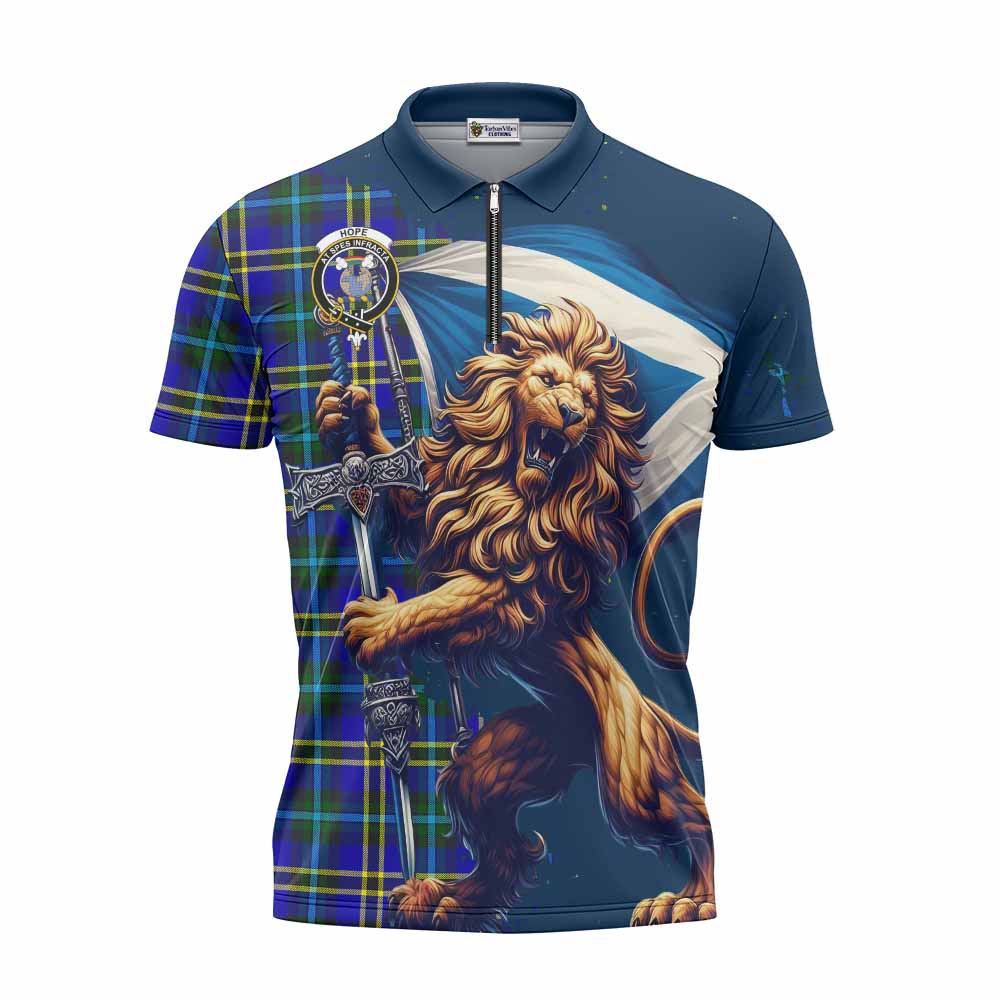 Tartan Vibes Clothing Hope Tartan Family Crest Zipper Polo Shirt with Scottish Majestic Lion