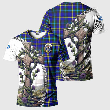 Hope Tartan T-Shirt with Family Crest and St. Andrew's Cross Accented by Thistle Vines