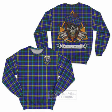 Hope Tartan Sweatshirt with Family Crest and Bearded Skull Holding Bottles of Whiskey