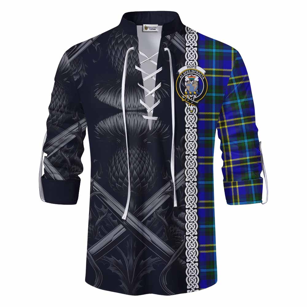 Tartan Vibes Clothing Hope Tartan Ghillie Kilt Shirt with Family Crest Cross Sword Thistle Celtic Vibes