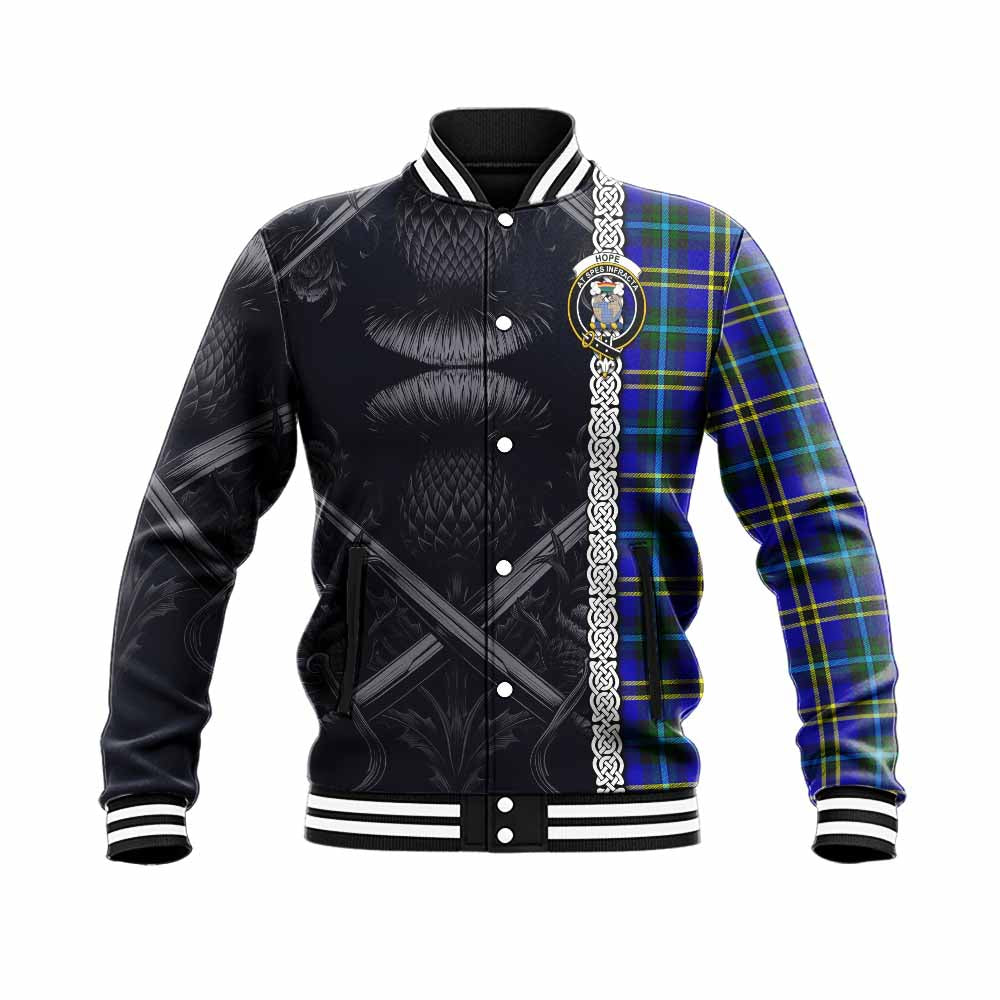 Tartan Vibes Clothing Hope Tartan Baseball Jacket with Family Crest Cross Sword Thistle Celtic Vibes