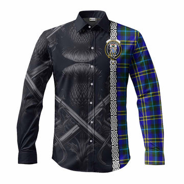 Hope Tartan Long Sleeve Button Shirt with Family Crest Cross Sword Thistle Celtic Vibes