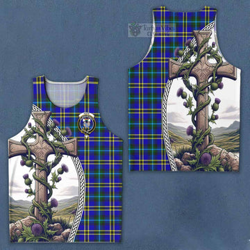 Hope Tartan Men's Tank Top with Family Crest and St. Andrew's Cross Accented by Thistle Vines Men - Tartan Vibes Clothing