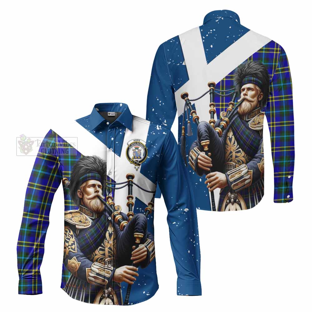 Tartan Vibes Clothing Hope Tartan Long Sleeve Button Shirt with Family Crest Scottish Bagpiper Vibes